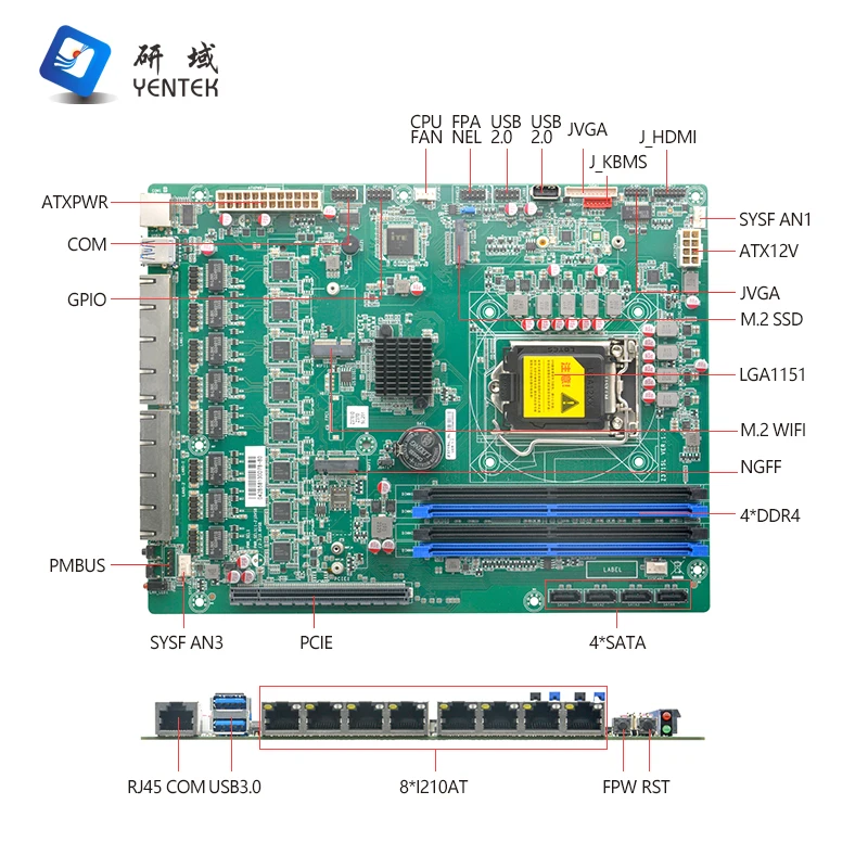 Placa base Industrial 1151 I3 I5 I7 I9 6 9th Gen 4 DDR4 8 I210AT LAN Gigabit Ethernet Placa base de servidor Firewall