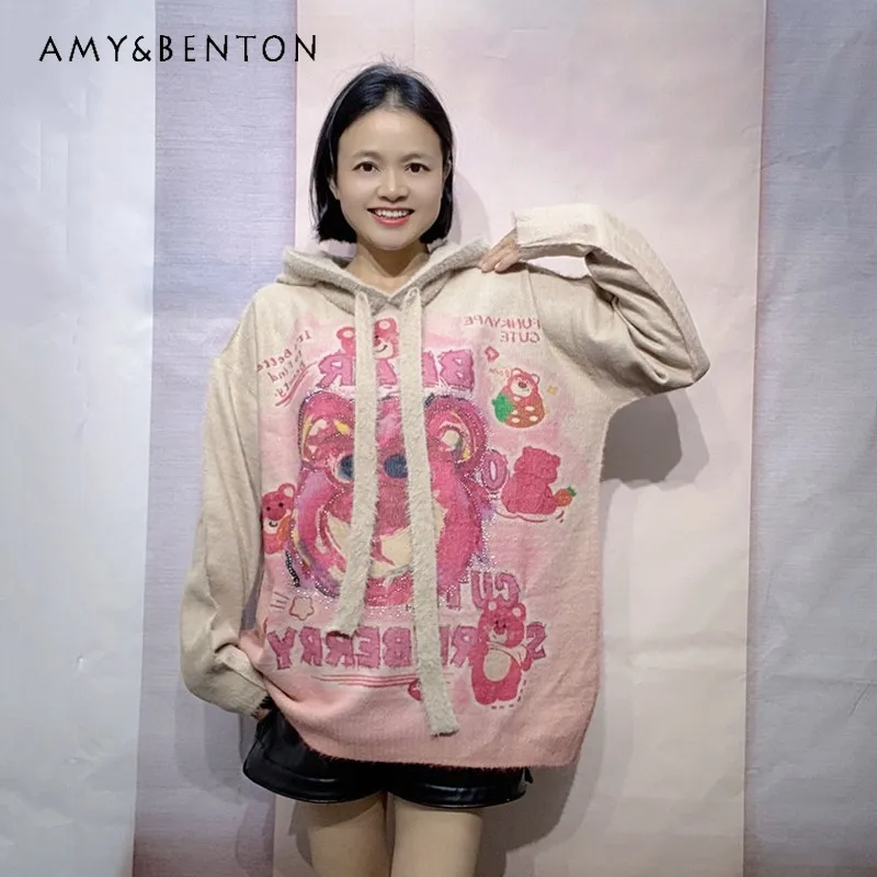 

Винтажный свитшот с принтом, женский осенне-зимний свитер из норкового бархата, универсальный топ в корейском стиле, свободный крой, с капюшоном, высококачественный трикотаж