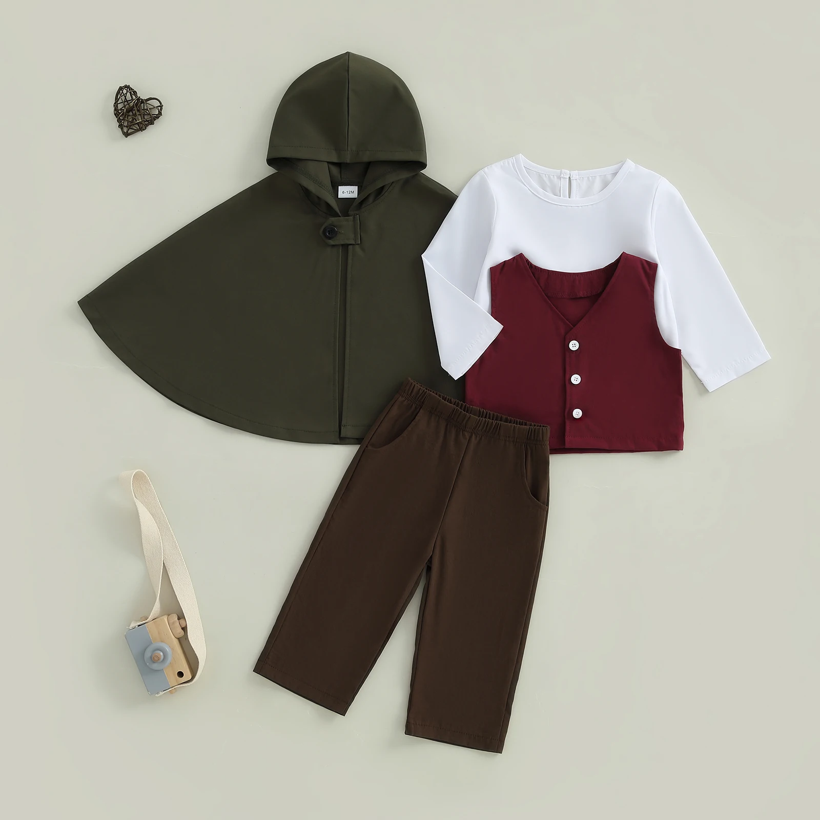 

Tregren Toddler Boy Gentleman Outfits Solid Long Sleeve Round Neck Tops + Elastic Waist Solid Pants + Cape + Vest 4 Pcs Set