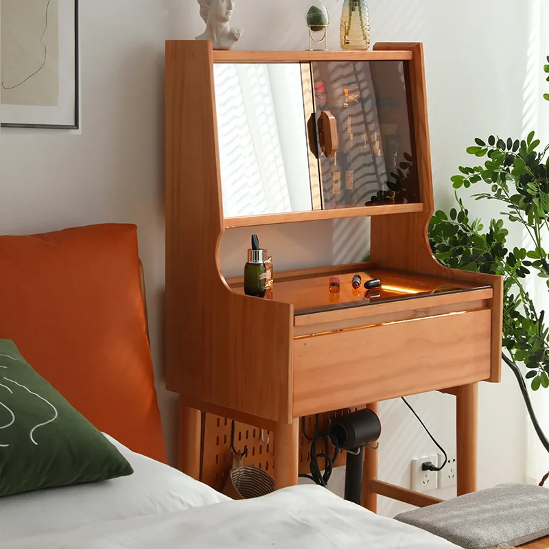 Nordic solid wood vanity table, home bedroom with glass narrow storage vanity, multifunctional vanity