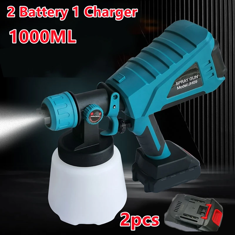 1000ML Cordless Electric Spray Gun Nozzle Flow Control Airbrush High Power Paint Sprayer Airbrush with 2 * battery + 1 * charger