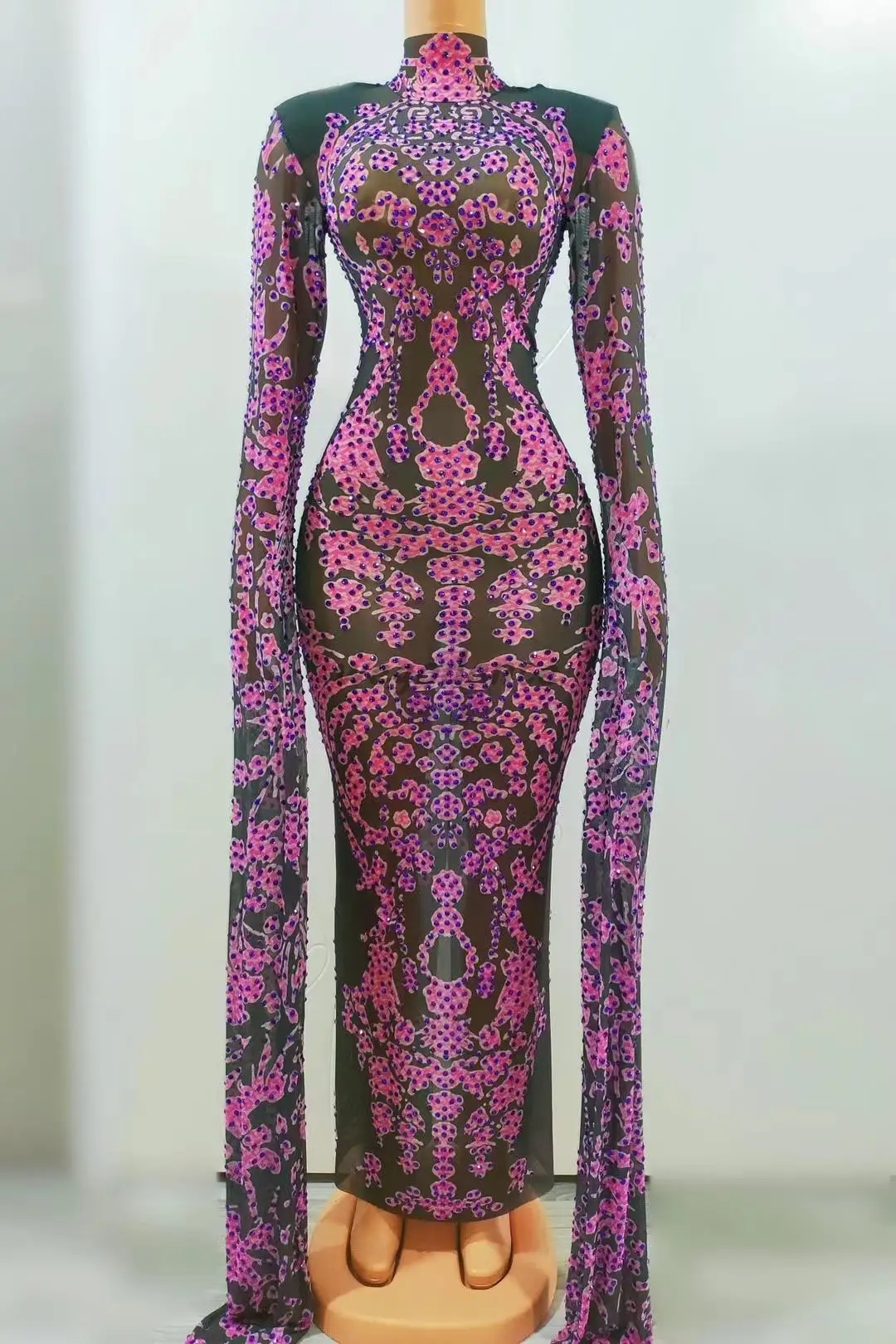 New Prom Party Show Rhinestones Flower Pattern Long Big Sleeves Dress