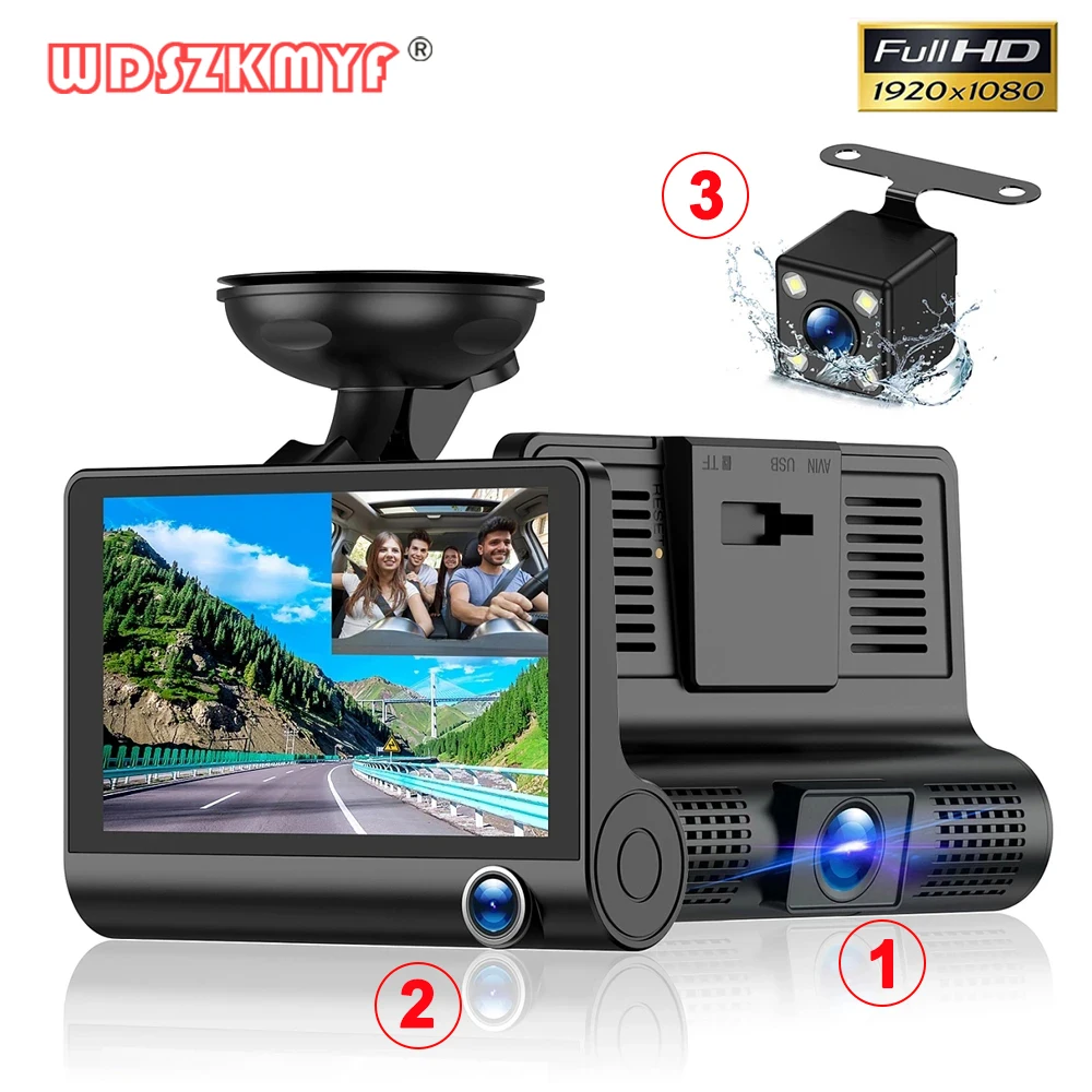 Dash Cam para carros, gravador de vídeo, caixa preta, câmera de visão traseira, monitor de estacionamento do veículo, montagem do carro, 3 lentes, DVR, 1080P, 4