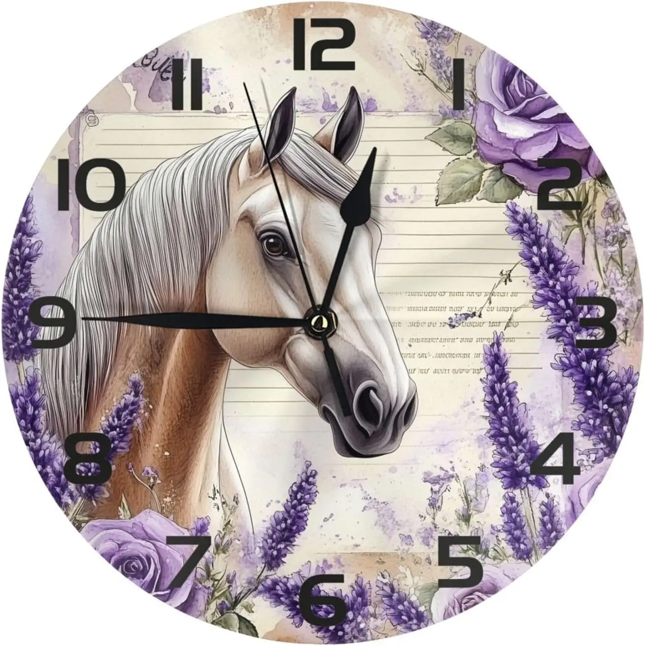 Lavender Roses Horse Wall Clock 10 In Silent Non Ticking Wall Clocks Battery Operated Wall Decorative Clock for Bedroom Kitchen