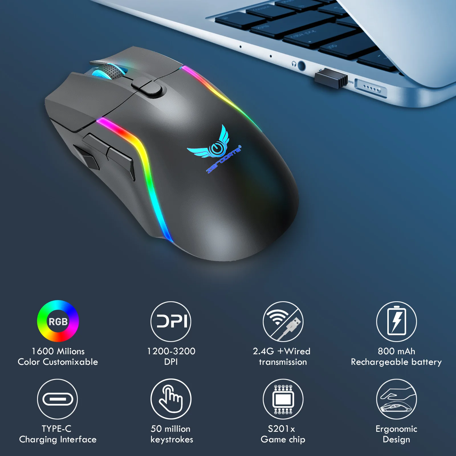 2.4G bezdrátový myš herní myš 8 šifrovací klíč RGB pestrý myš 1200-3200 DPI 400mah dobíjecí myš mice pro PC notebook macbook pro