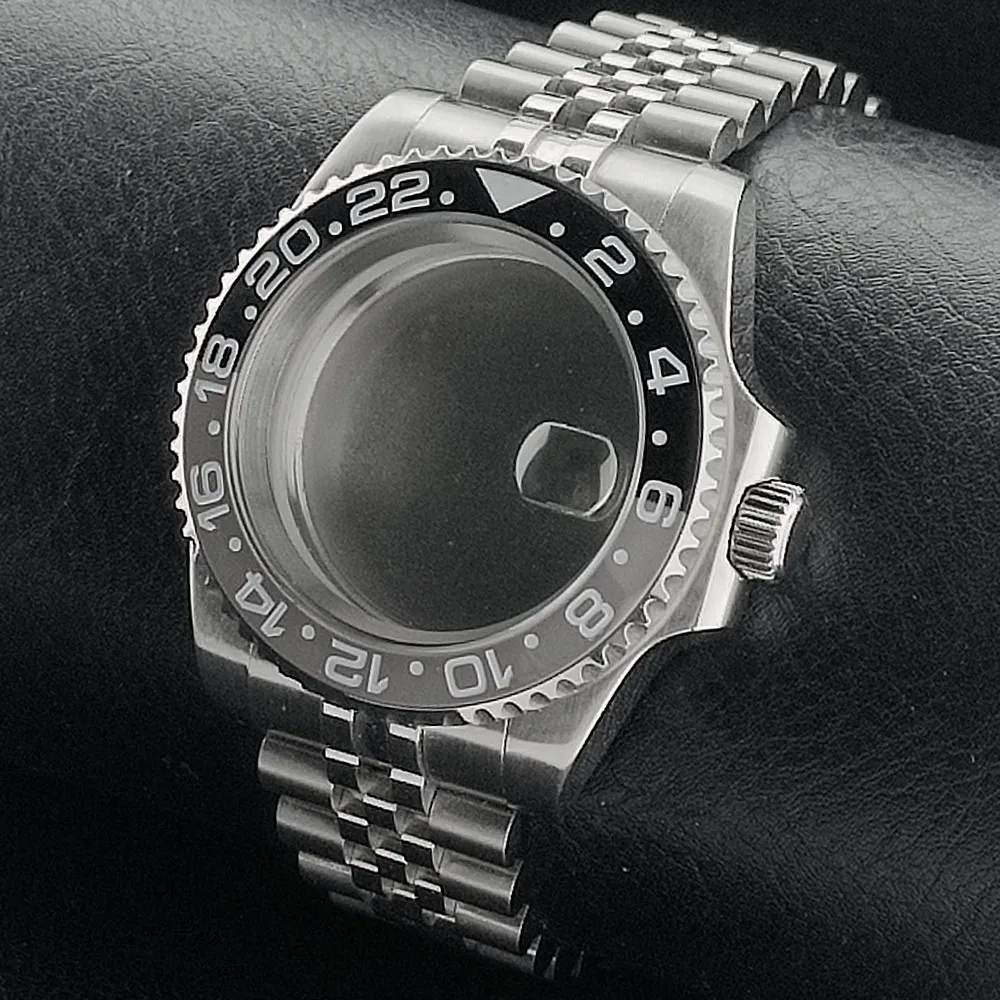 

GMT watch case 40MM Bidirectional rotation sapphire glass fit NH-34 movement fit 28.5-29mm dial parts 5Bar Slide Buck