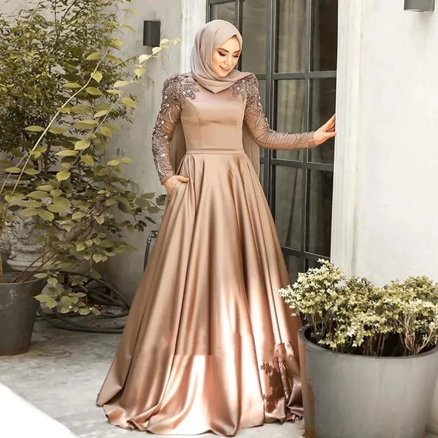 

Arabic Evening Dresses For Women Beaded Long Sleeves Prom Dress with Pockets Ruched Satin A Line Robe De Marrige