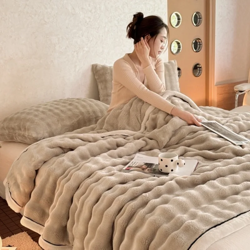 Ultra Soft Imitation Rabbit Fur Throw Blanket Autumn Warm Bubble Fleece Blanket for Bed Sofa Travel Single Double Plush Plaid