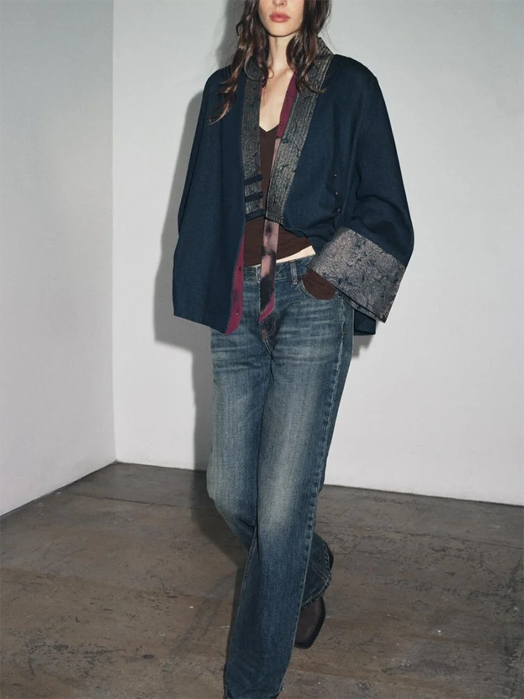 

Женское зимнее новое милое модное кимоно с цветочной вышивкой и джинсовым эффектом, джинсовое кимоно с подставкой, длинное пальто Sve V-Ne