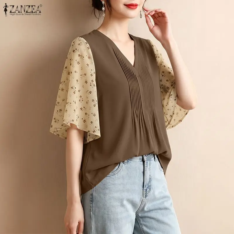 2026 Summer Women V Neck Short Sleeve Holiday Blouse ZANZEA Elegant Pleated Work Shirt Stylish Floral Patchwork Tops Tunic Femme