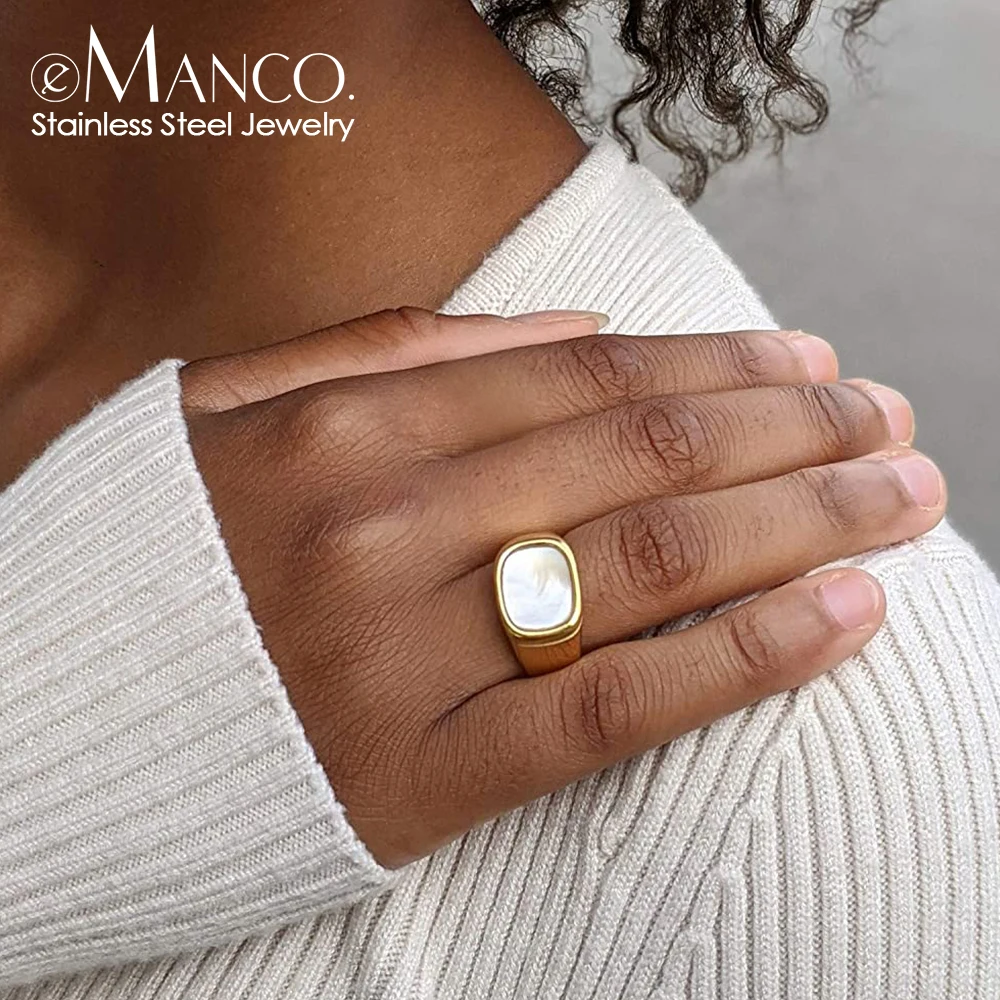 eManco Vintage Shell Rings Chunky White Black Gold Color Square For Women Stainless Steel Ladies Large Ring Party Jewelry Gift