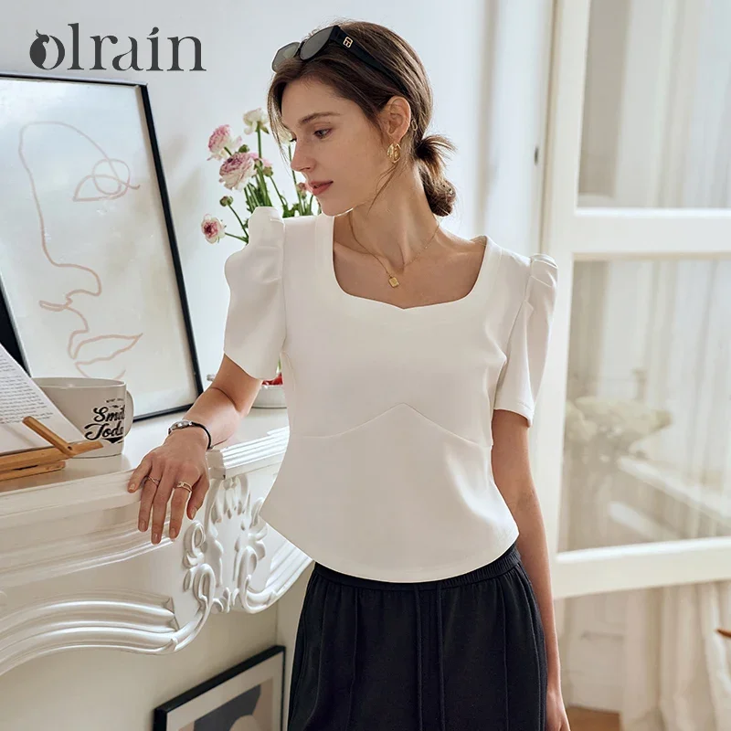 

OLrain Women Cropp White T-shirt 2025 Commute Puff Sleeve Square Collar Basic Pullover Summer Top Ladies Clothing O24XT82986