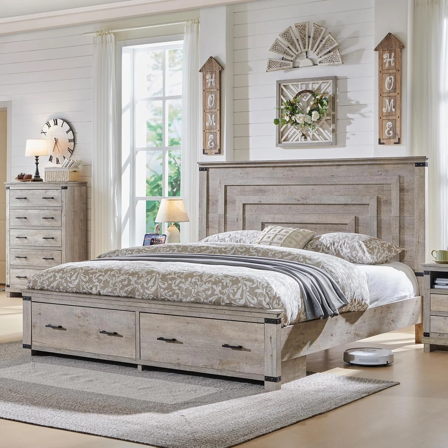 Marco de cama tamaño King de granja con cabecero geométrico de 54 pulgadas de alto, cama con plataforma de madera rústica con 2 cajones de almacenamiento grandes, sin ruido