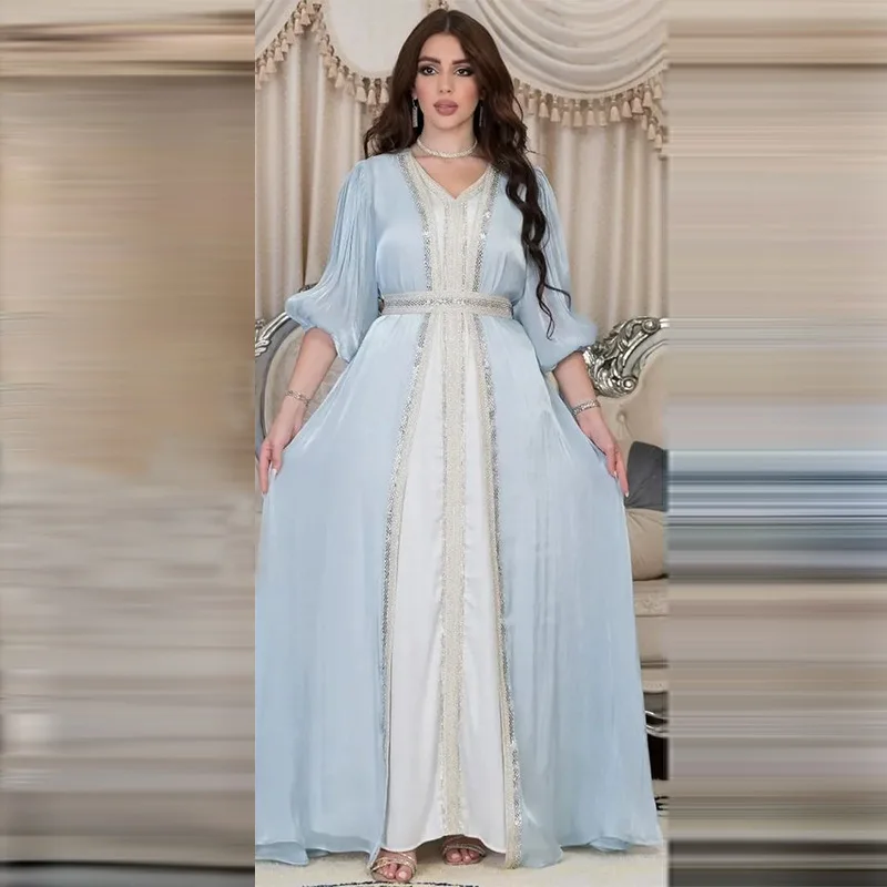 2023 Muslim Sets Hot Diamond Light Luxury Dress Abaya Femme Bright Silk Satin Three-piece Set Ensembles Musulmans