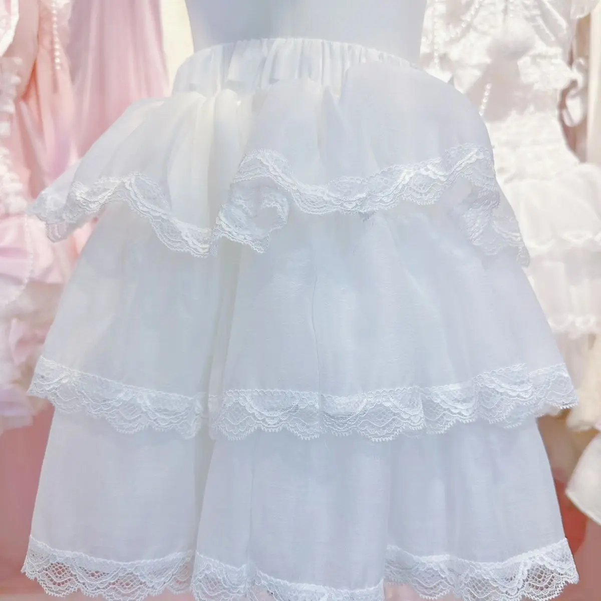 2026 Handmade Sweet Lace Tulle Tiered Skirt Women Coquette Versatile Lace Trim Cake Puffy Mini Skirt Female Korean Cute Outfits