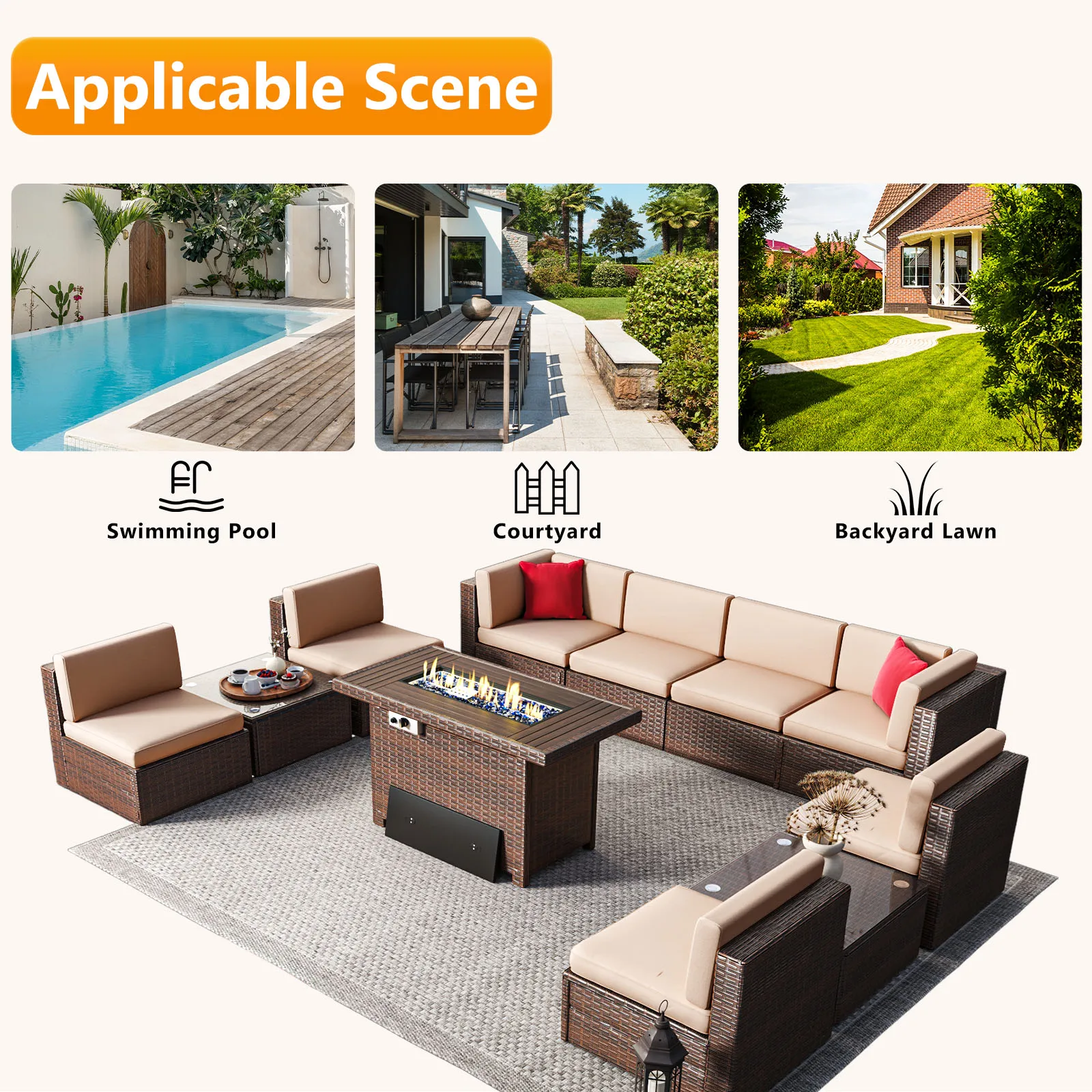 Patio Furniture 11 Pieces Furniture Set with 40" Fire Pit Table Wicker Rattan Sectional Conversation Set with Coffee Table