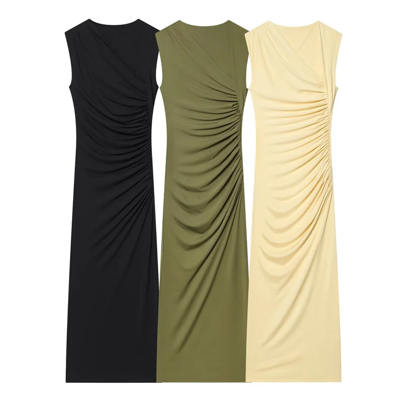 Nouvelle robe mi-longue plissée pour femme, élégante, tendance et ajustée.