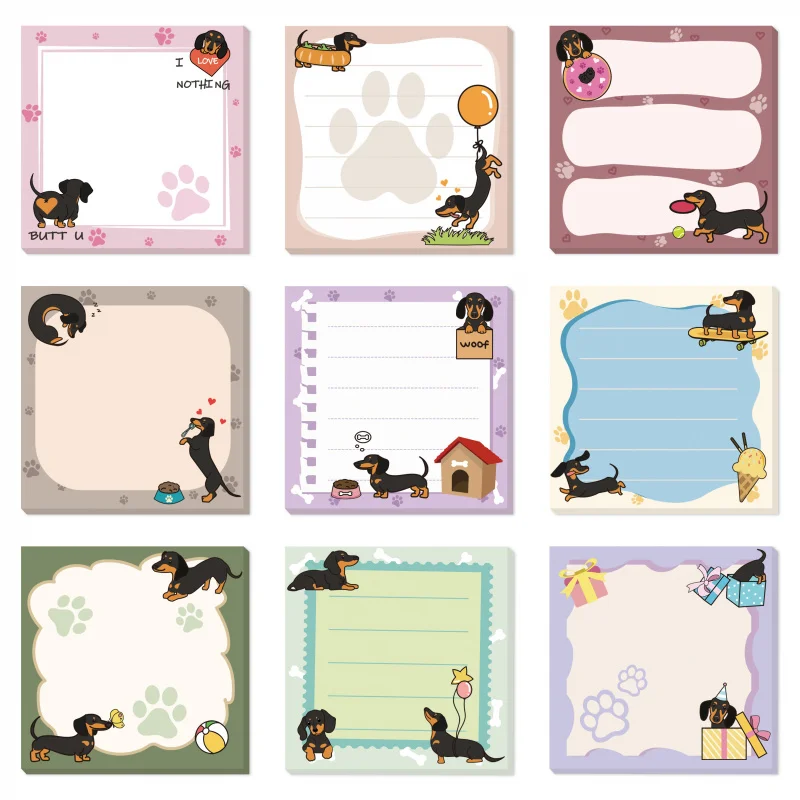 愛らしいジャーマンシェパードの付箋9枚 - 3x3インチの粘着パッド、450枚、9種類のユニークな漫画犬デザイン