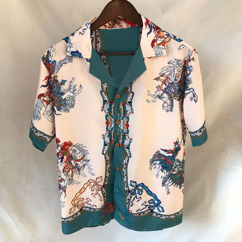 Vintage Paneled Contrasting Animal Print Summer Men Hawaiian Shirts Streetwear  Beach Shirt Hip Hop Casual Tropical Holiday Tops