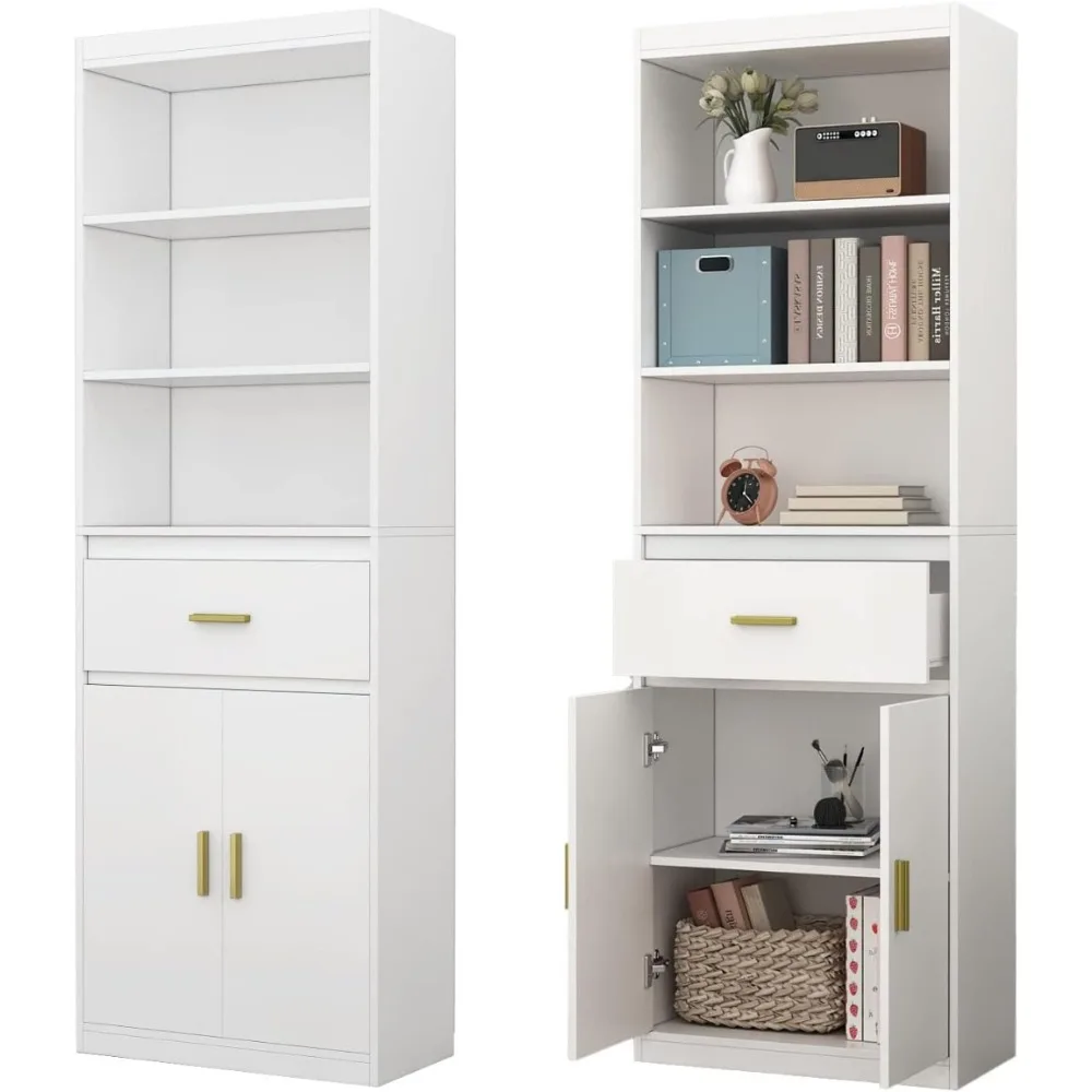 

Modern Bookcase Storage Cabinet, 3 Tiers Shelf, 2 Doors & 1 Drawer, 23.6" W x 11.8" D x 70.8" H, White