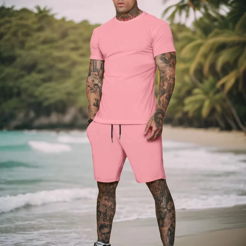

2026 summer new men's breathable sportswear short sleeved t-shirt and shorts set popular quick drying clothing