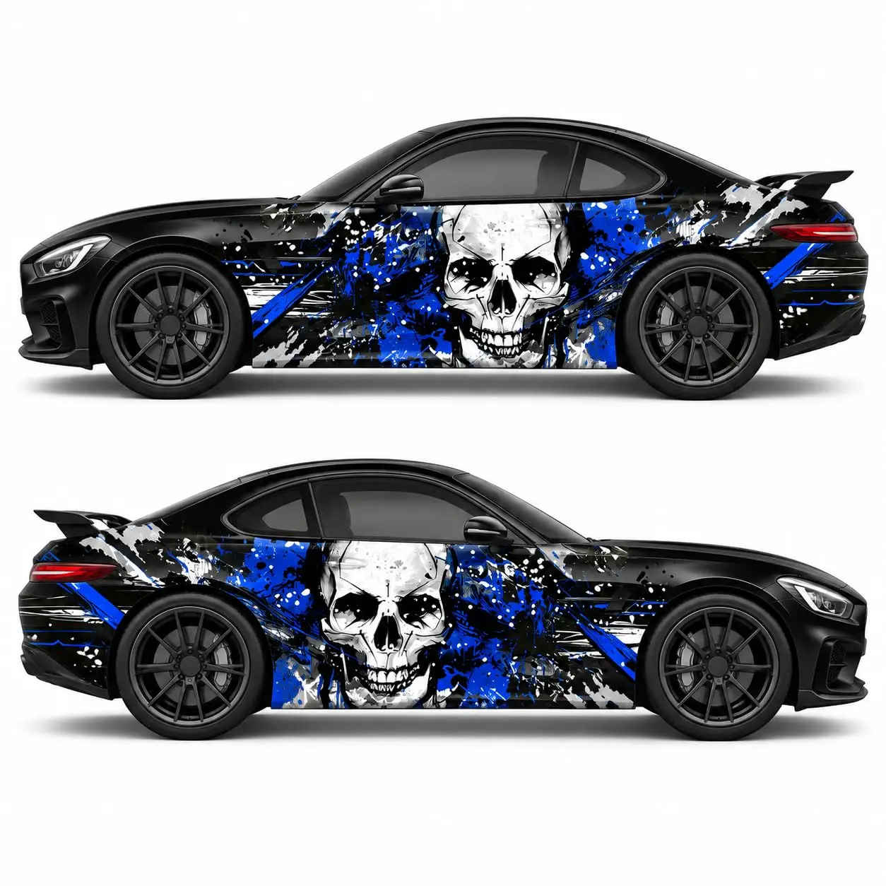 Skull Splatter Car Side Vinyl Wrap Decal, Blue & Black