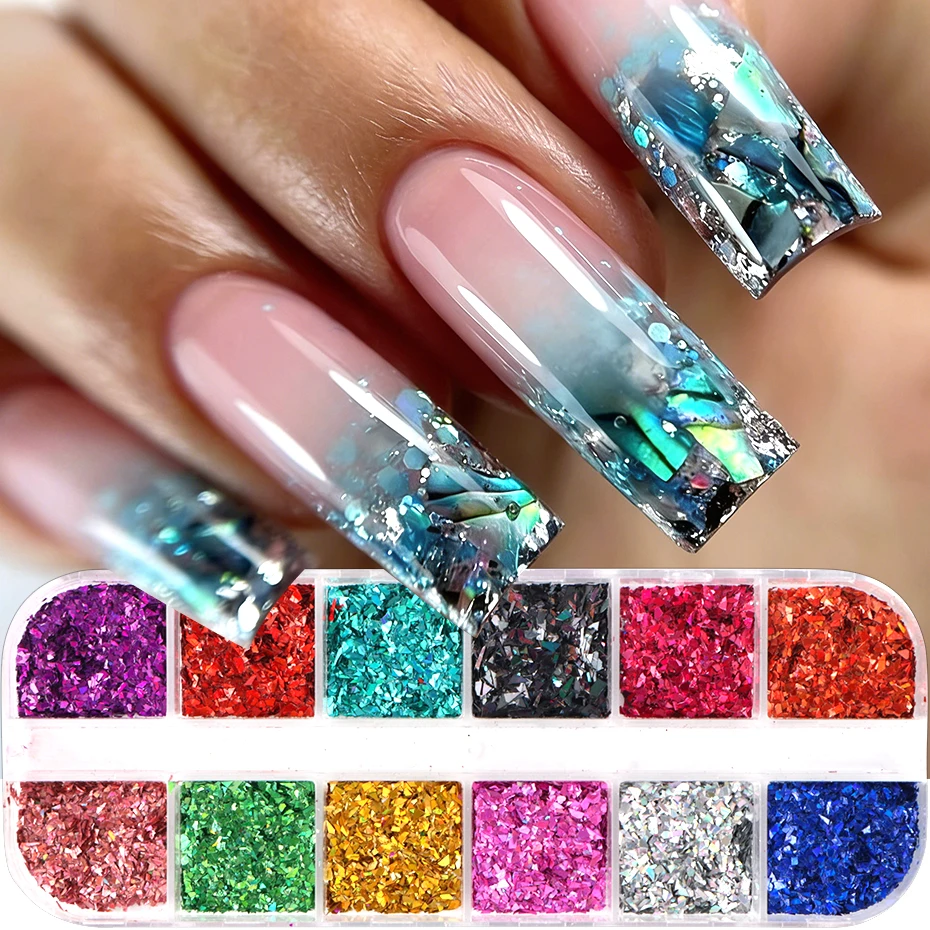 

Набор из 12 видов нерегулярных голографических блесток для ногтей: серебро, золото, крошка фольги, декор для маникюра