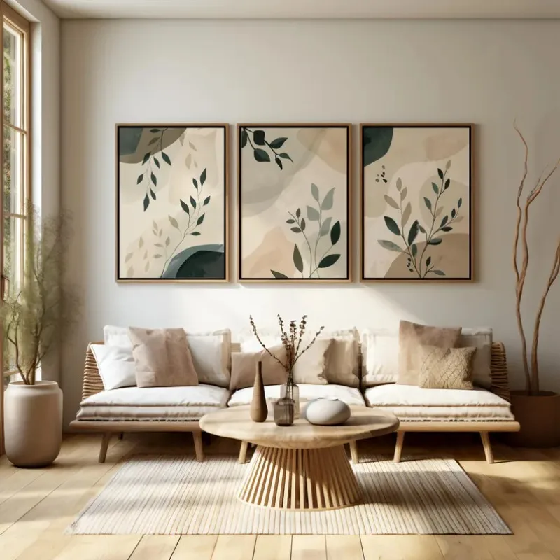 Póster Minimalista Boho con Hojas y Flores, Pintura Moderna en Lienzo con Diseño Floral Botánico, Arte de Pared Escandinavo