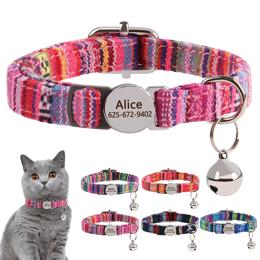Spersonalizowana nylonowa obroża dla kota Quick Release Puppy Cats Collars Safety Breakaway Pet Kitten Necklace Free Engraved Adjustable