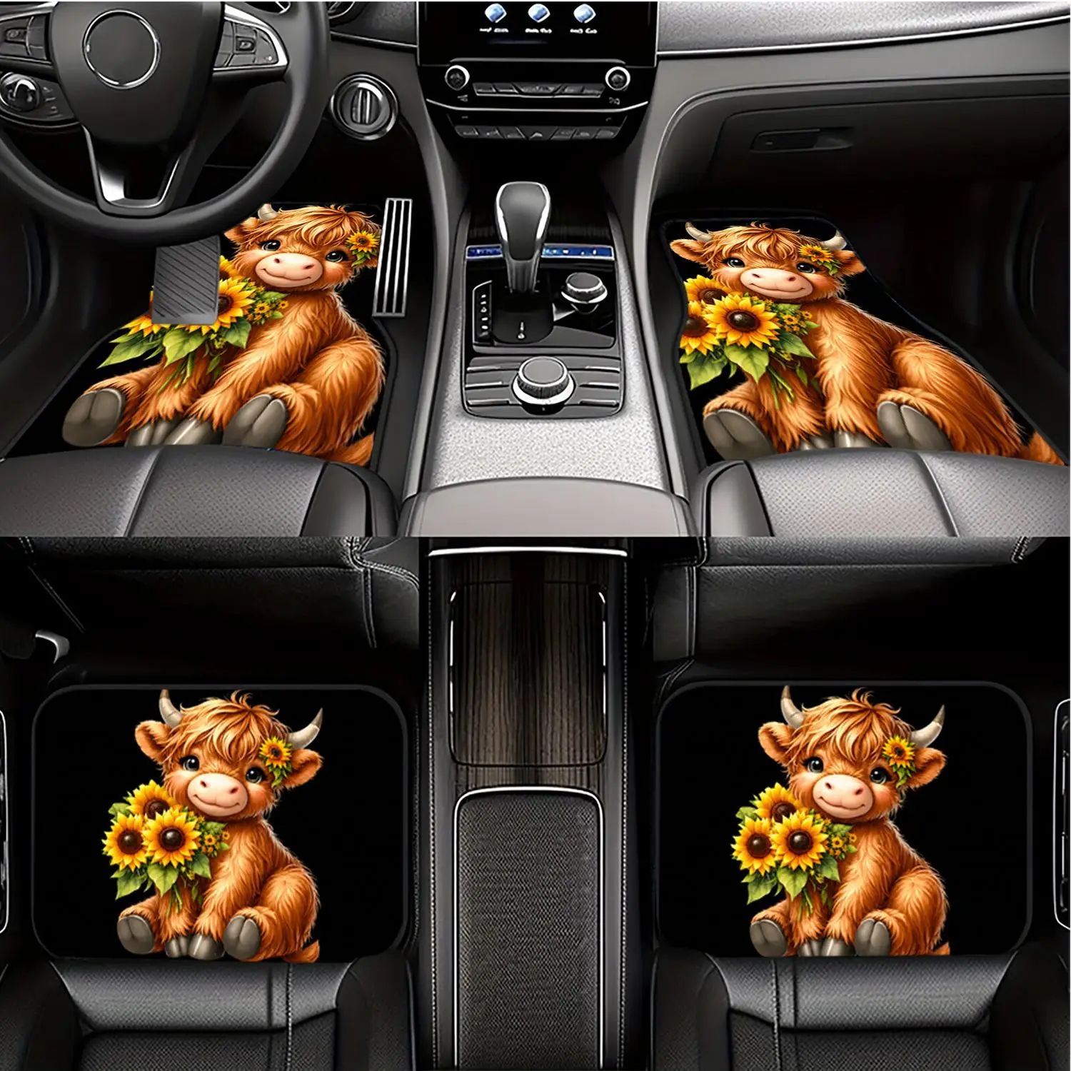 2pcs/4pcs Polyester Cute Highland Cow Holding Sunflower Print Adorable Animal Art Car Floor Mats Trendy Interior Decor Accessory