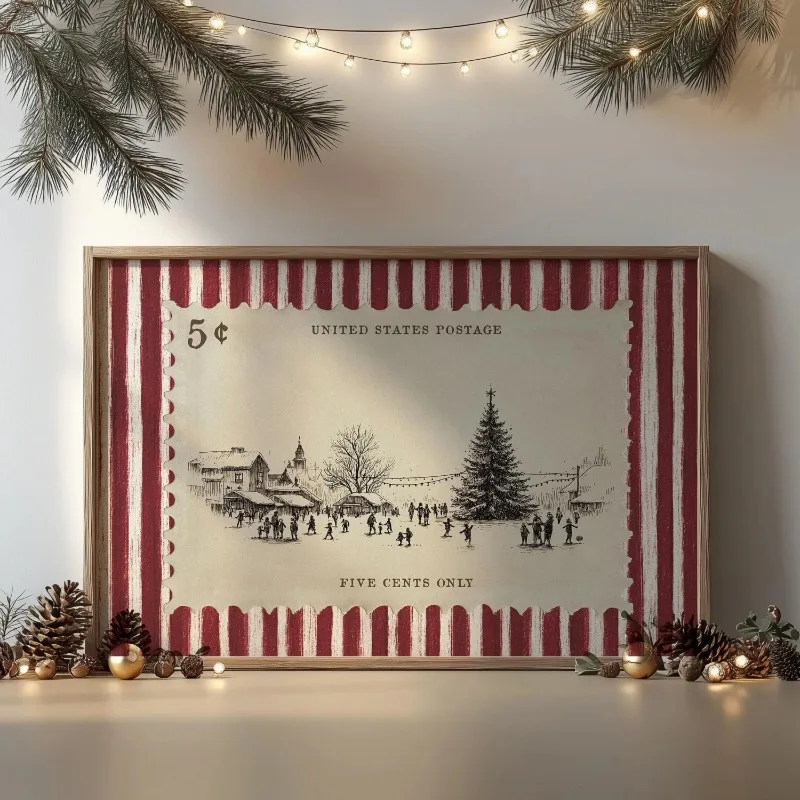 Vintage US Postage Stamp Christmas Canvas Wall Art Retro Winter Town Sketch Holiday Scene Home Wall Print Unframed Canvas Poster