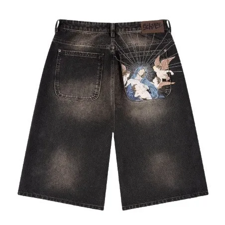 American Style Street Fashion Casual Embroidered Denim Shorts Straight Leg Five-Point Pants Mid-Length Jeans Youth Loose Fit