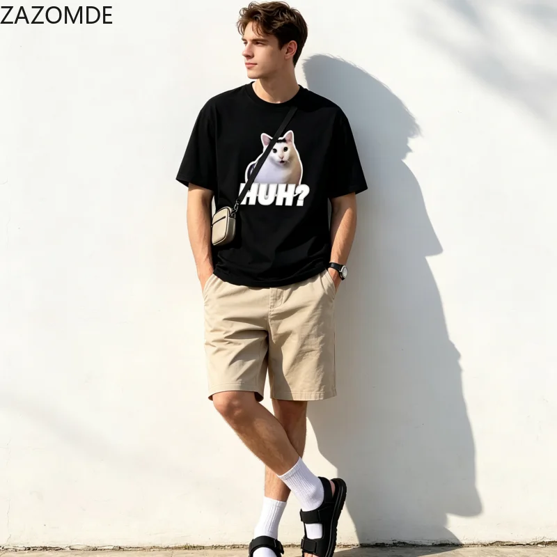 ZAZOMDE Trendy Humor Meme Tshirt HUH? Surprised Cat Picture Print Loose Fit Adult Fashion Daily Short Sleeve Tops 2026