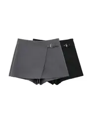Asymmetric Shorts Skirts with Tab for Women, High Waist, Side Zipper, Female Skort, Fashion