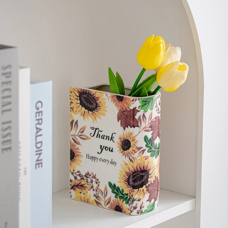 Modern Ceramic Book Vase With Quote And Floral Pattern For Living Room Table Decor Minimalist Desktop Flower Pot For Home