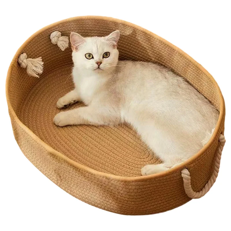 Корзина для котенка, летняя охлаждающая японская кровать для домашних животных, кошек, овальной формы, ручная работа, хлопковая веревка из ротанга, когтеточки, кровати для кошек Корзина для котенка, летняя охлаждающая японская кровать для домашних животных, кошек, овальной формы, ручная работа, хлопковая веревка из ротанга, когтеточки, кровати для кошек