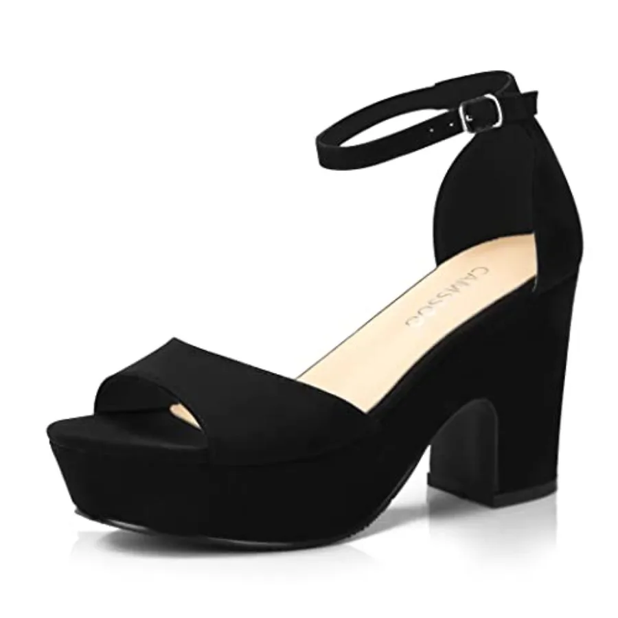 CAMSSOO Platform Heels for Women Chunky Heel Open Toe Ankle Strap Suede Wedges Sandals Wedding Office Dress Shoes