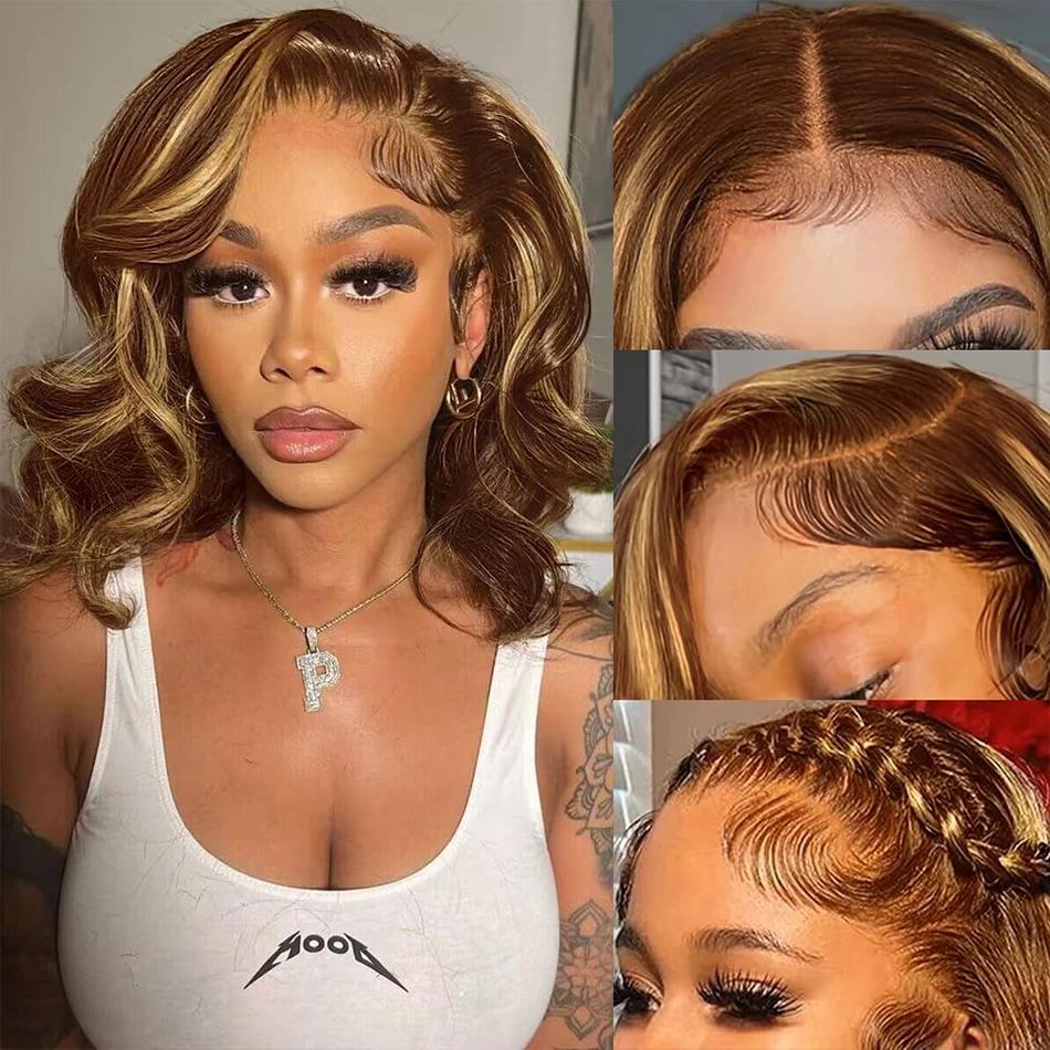

100% Remy Human Hair Bob Body Wave 5x5 HD Lace Closure Wigs 200% Density Highlight Ombre Short Bob Loose Curly Glueless Lace Wig