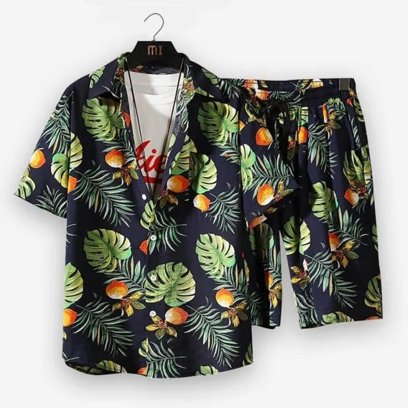 Men Stifling Leaves Beach Wear Summer Suit Fashion Short Sleeve Buttons Shirts And Elastic Waisted Shorts Outfits Man Tracksuits