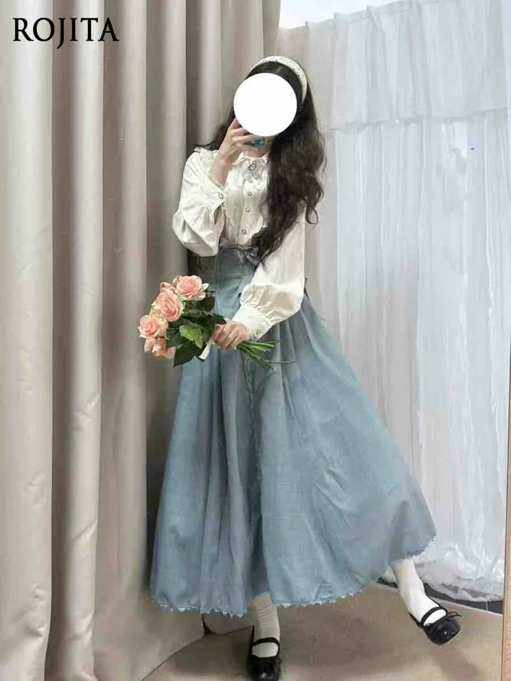 

Vintage Gothic Lolita Two Pieces Set Elegant Heavy Industry Lace Beige Long Sleeve Shirt + Bow Waist Grass Green Dress