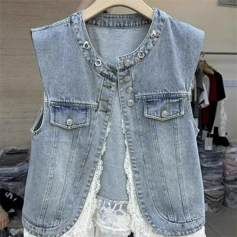 

Fashion Denim Vest Coat Women 2026 Spring Autumn New Studded Cowboy Sleeveless Jacket Round Neck Lace Stitching Waistcoat Female