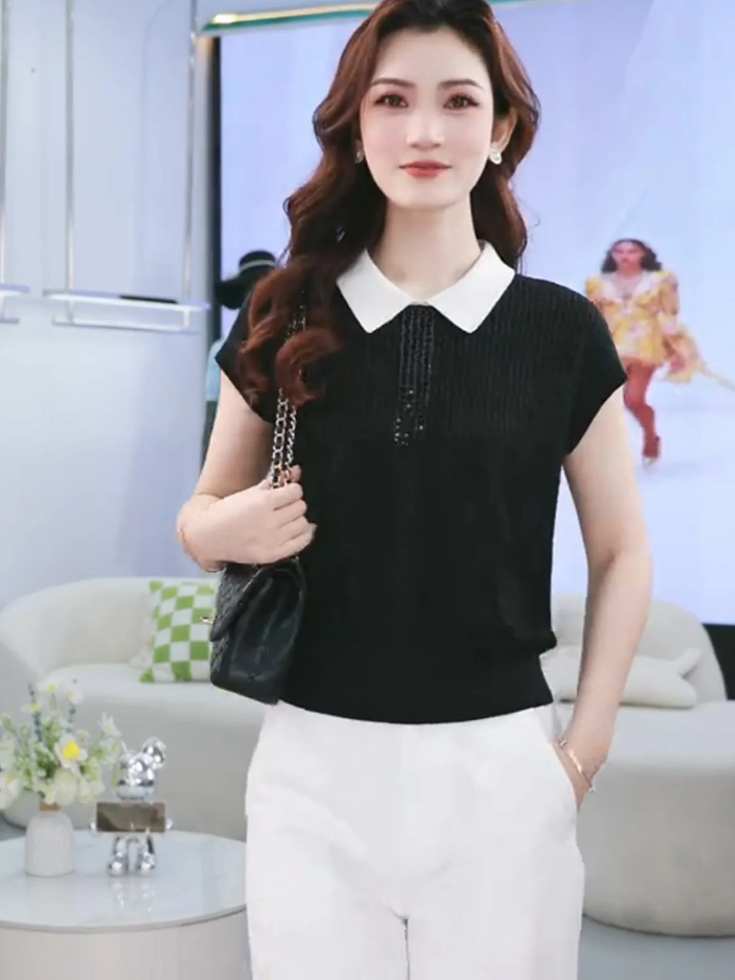 

Лето 2023, вязаный женский модный топ из ледяного шелка Ne Diamond Embedded, цвет Blo ort Sve, корейский сле