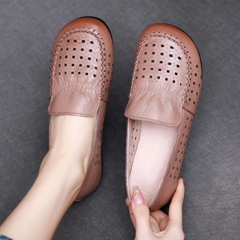 GKTINOO Summer Hollow Genuine Leather Shoes New Fashion Women Shoes Woman For Mom Women\'s Flats Comfortable Handmade Loafers