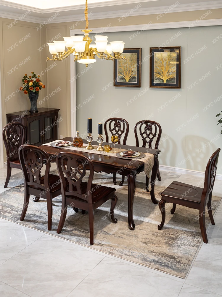 

Solid Wood Dining Tables and Chairs Set American Retro Walnut Luxury Carved