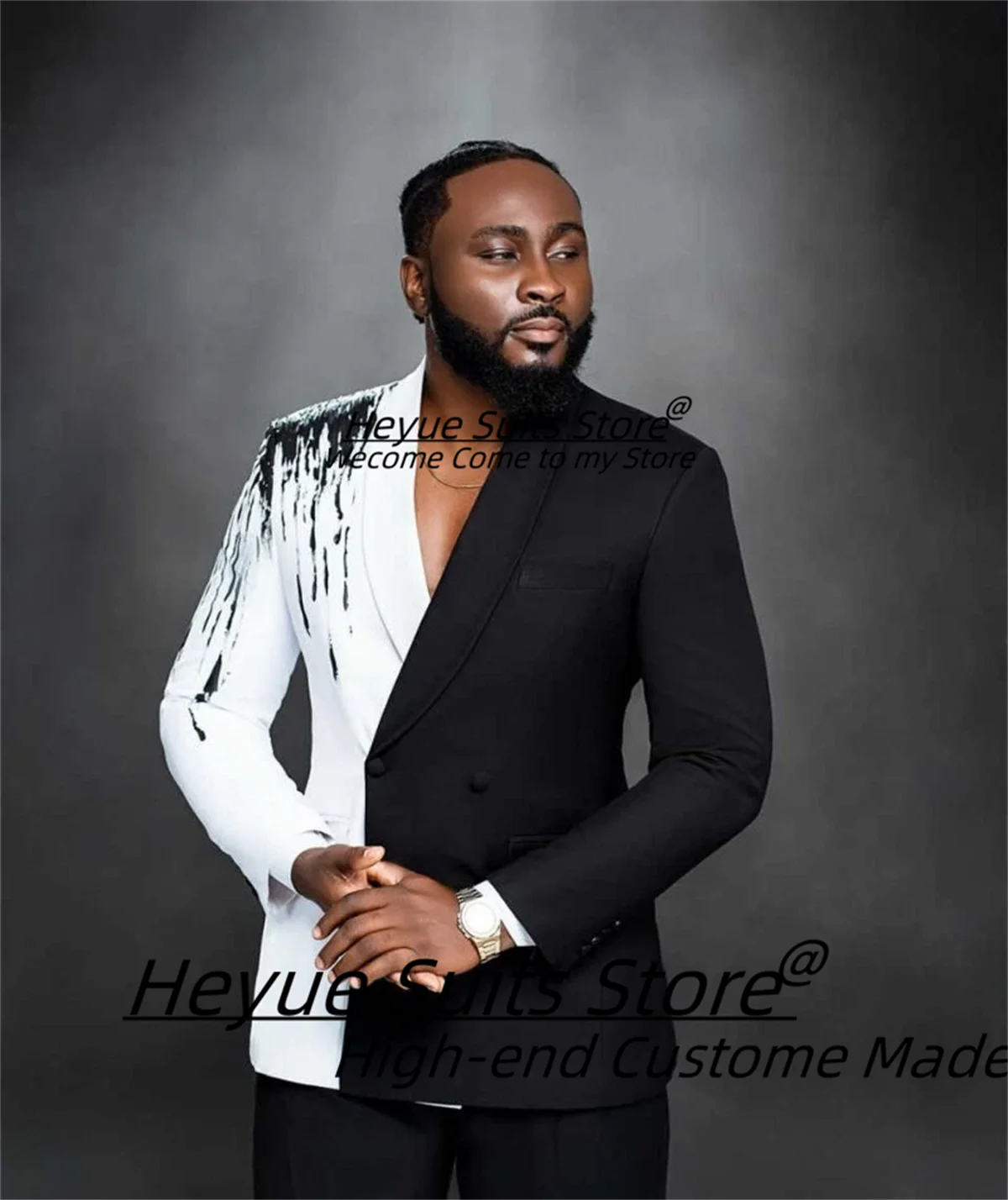 

Fashion Black and White Spliced Men Suits Customized Slim Fit Double Breasted Groom Wedding Tuxedos 2Pcs Sets Male Prom Blazers