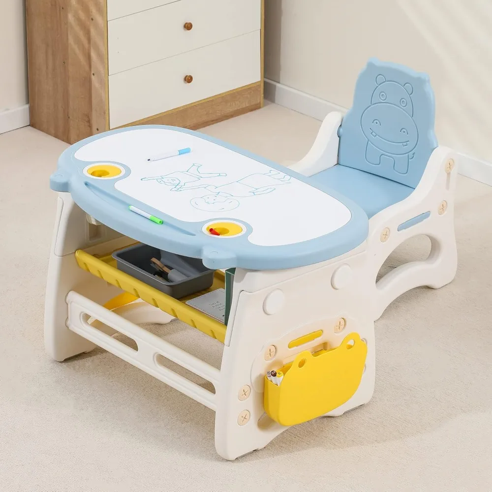 

Children's table and chair set with graffiti table and adjustable height, suitable for children aged 2-10