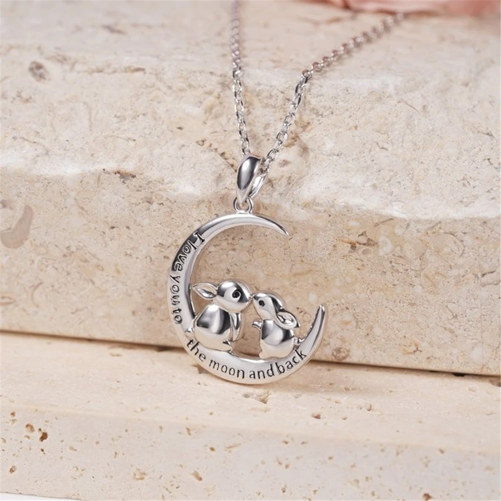 Fashion Cartoon Crescent Moon Double Rabbit Pendant Necklace for Women Exquisite Girl Cute Animal Jewelry Unique Birthday Gifts
