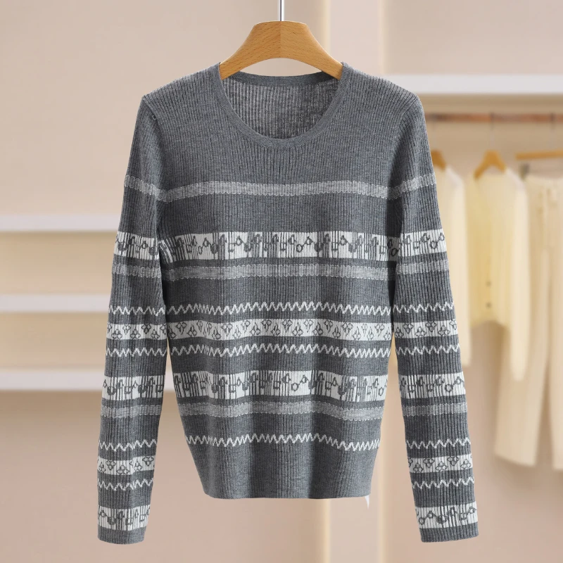 Faionable Knitted Base Layer Top round Ne Striped Embroidery Women's Winter Clothing Breathable Comfortable Long Sve S...