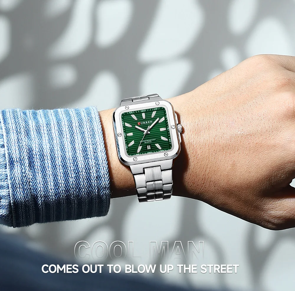 CURREN Einzigartige Quadratische Herrenuhr mit Grünem Zifferblatt - Edelstahlarmband, Business-Casual-Stil Quarz-Armbanduhren für Männer – Detail 13