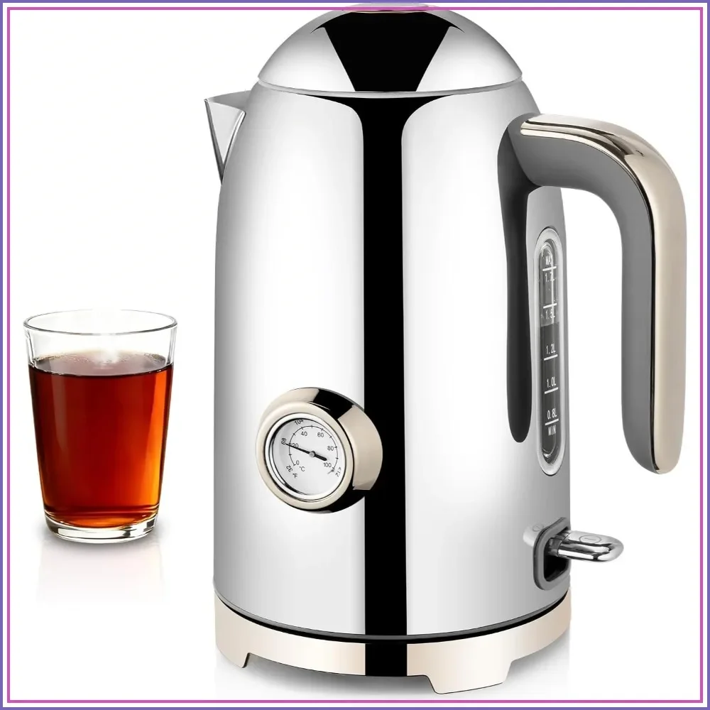 

Electric Kettle 57oz Hot Water Boiler with Thermometer, 1500W Fast Heating Stainless Steel, Cordless LED, Auto Shut-Off & Boil Dry Protection, Glossy Silver